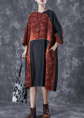 Vestido vintage de lino con patchwork de mezclilla asimétrico naranja